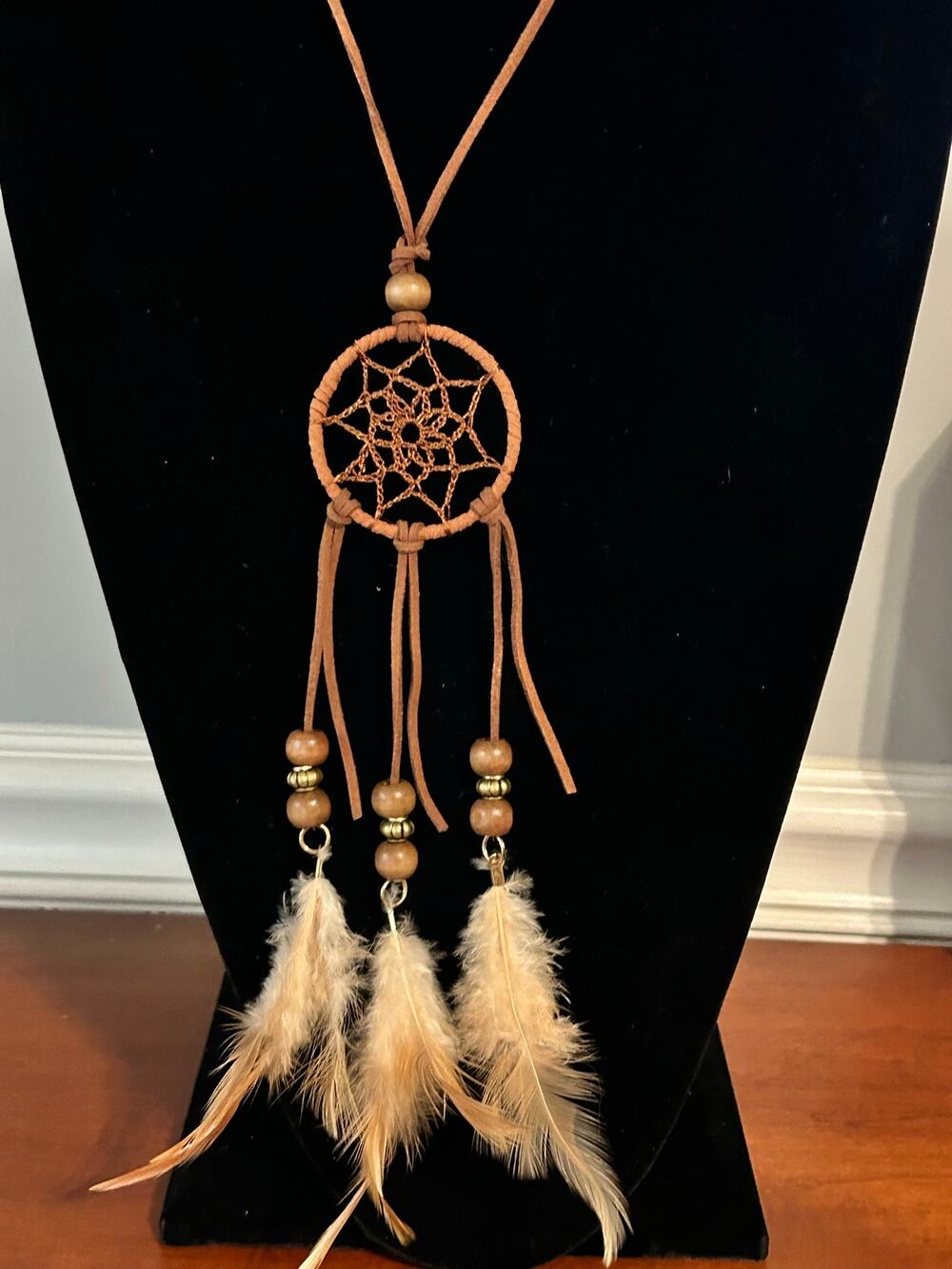 Boho Dream Catcher Leather Feather Bead Necklace 22 Long Tribal Statement